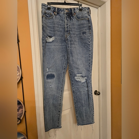 Old Navy Extra High-Rise Straight Jeans 12 Tall - Blue Distressed - Picture 1 of 8